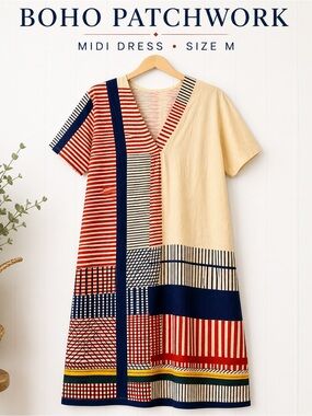Boho Patchwork Midi Dress Pockets Relaxed Fit Cream Red Size M